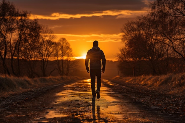 Uomo atletico che cammina su una strada verso il tramonto