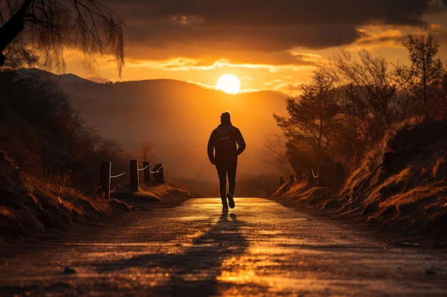 Uomo atletico che cammina su una strada verso il tramonto