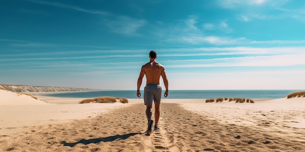 Uomo atletico che corre sulla spiaggia Corridore maschio IA generativa