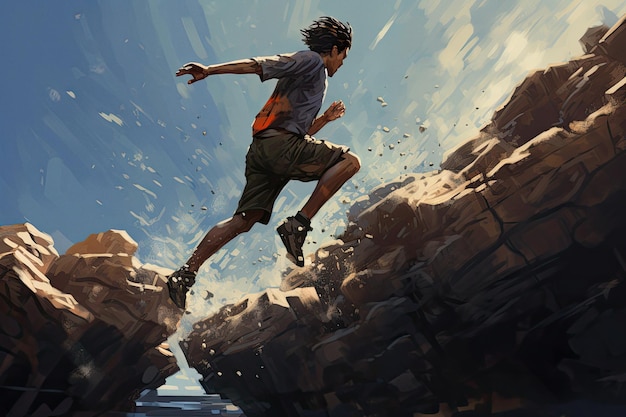 Uomo atletico che si esercita all'aperto saltando sulle rocce vicino al mare
