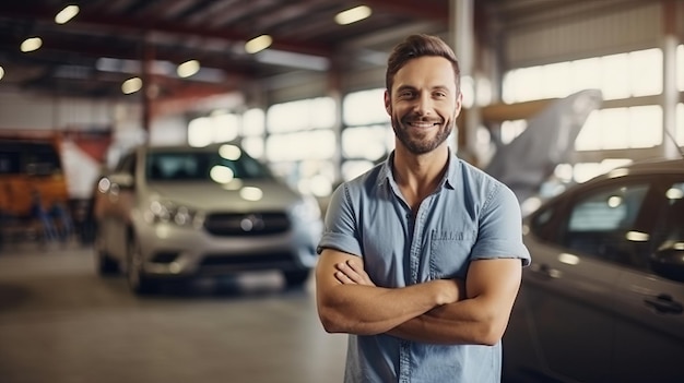 Uomo attraente felice con il noleggio di un'auto con reclamo assicurativo per un buon servizio di manutenzione dell'auto meccanica