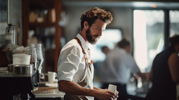 Uomo attraente sorridente barista in piedi dietro il bancone al caffè che mostra la tazza di caffè