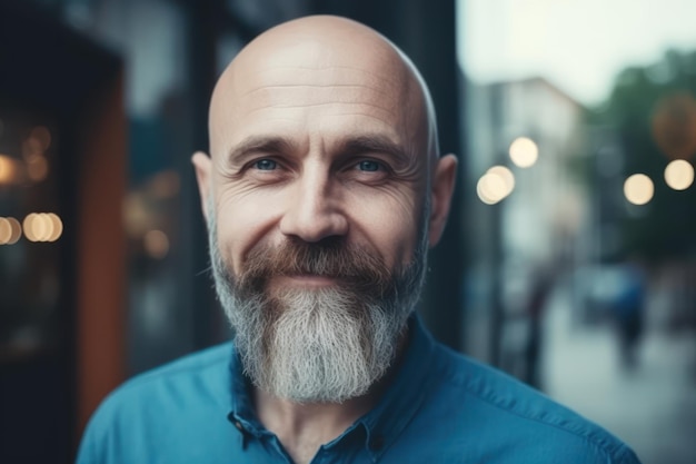 Uomo attraente sorridente calvo adulto quarant'anni con la barba in camicia blu uomo d'affari contro la parete di vetro dell'insegna del caffè della via