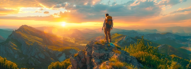 Uomo avventuroso che ammira la vista del tramonto dalla cima di una scogliera nelle montagne estive con uno zaino