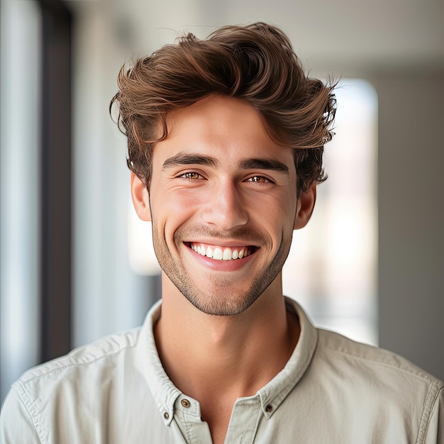 Uomo barbuto allegro con uno stile casual che mostra un sorriso gioioso e denti sani