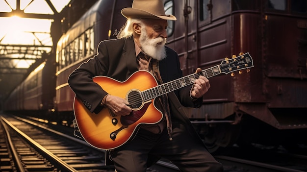 uomo barbuto anziano che suona la chitarra vicino al treno