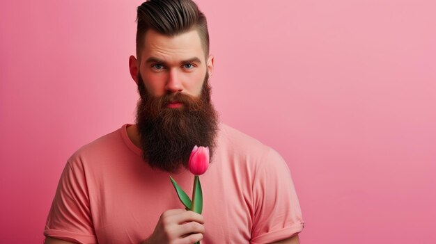 Uomo barbuto brutale che tiene un tulipano rosa su uno sfondo rosa