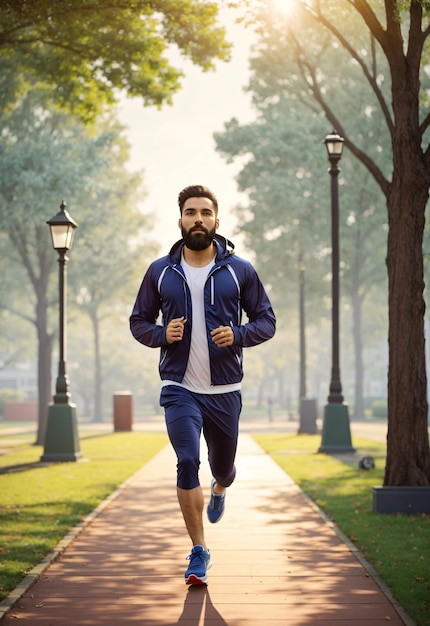 Uomo barbuto che fa jogging da solo