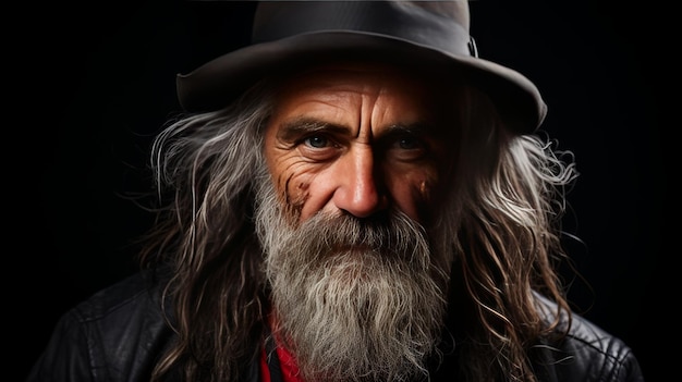 Uomo barbuto con cappello e capelli lunghi