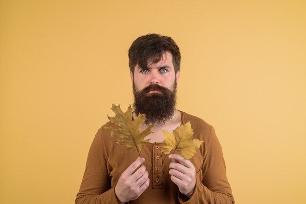 Uomo barbuto con foglia d'autunno maschio con foglia d'oro umore autunnale saldi autunnali uomo autunnale con