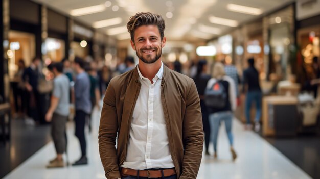 Uomo barbuto con giacca marrone che sorride in un centro commerciale affollato