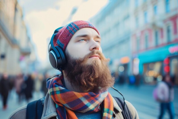 Uomo barbuto con le cuffie e la sciarpa