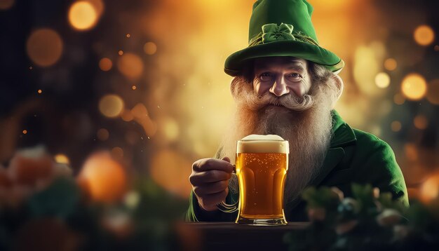 Uomo barbuto con una tazza di birra nel suo cappello concetto StPatrick's Day