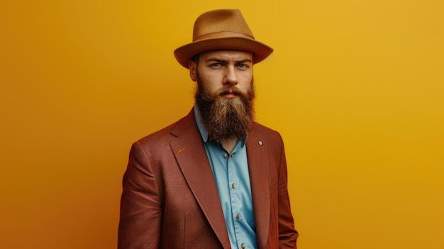 Uomo barbuto elegante con abito e cappello su sfondo giallo