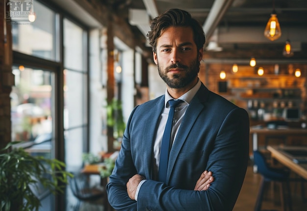 Uomo barbuto elegante in abito in piedi in un ufficio moderno