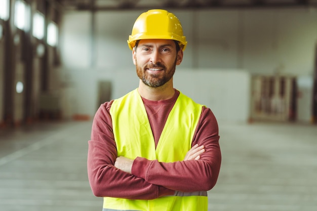 Uomo barbuto felice caposquadra costruttore che indossa abiti da lavoro e cappello rigido con le braccia incrociate nel magazzino