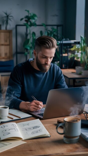 Uomo barbuto freelance che prende appunti sul portatile