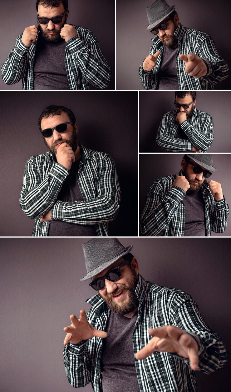 Foto uomo barbuto hipster bello con occhiali da sole ritratto di moda collage di foto set