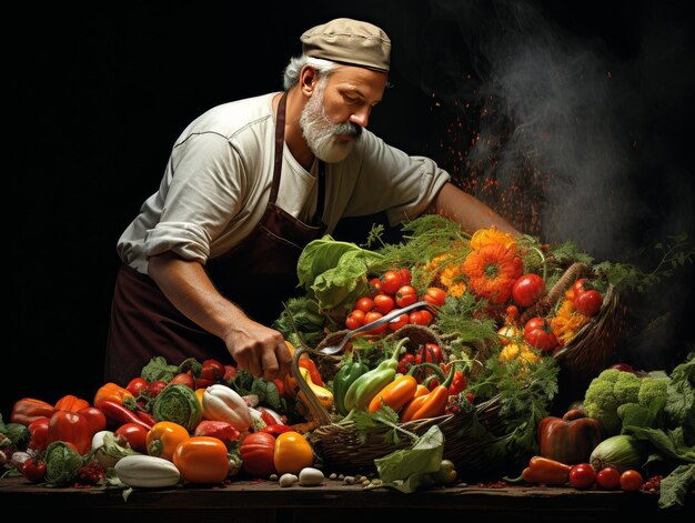 Uomo barbuto in piedi accanto a una tavola di verdure