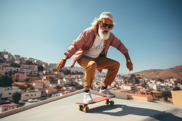 Uomo barbuto maturo che fa skateboard in un parco skate retro evocando la nostalgia con colori sfumati