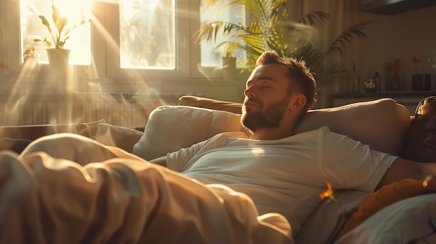 Uomo bello che dorme sul divano a casa