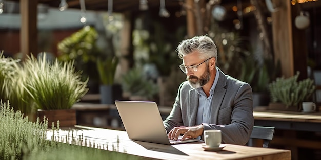 Uomo bello che lavora in ufficio all'aperto su un computer