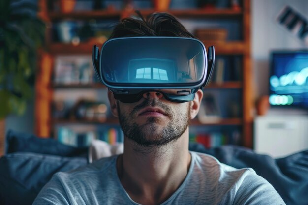 Uomo bello che prova gli occhiali VR a casa