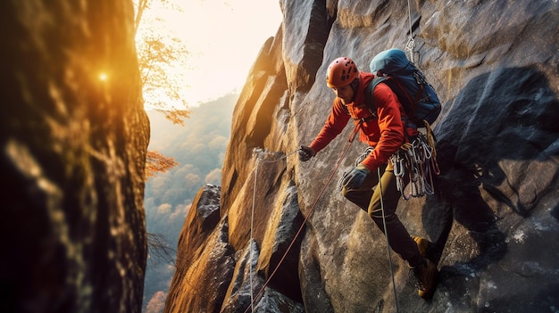 Uomo bello che si arrampica su un muro roccioso in un giorno di sole