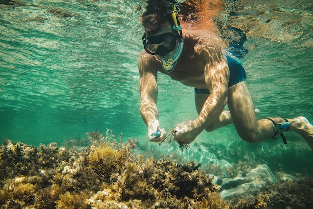 Uomo bello che si diverte durante le vacanze estive ed esplora il fondale marino durante le immersioni subacquee in mare.
