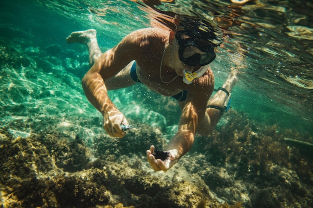 Uomo bello che si diverte durante le vacanze estive ed esplora il fondale marino durante le immersioni subacquee in mare.