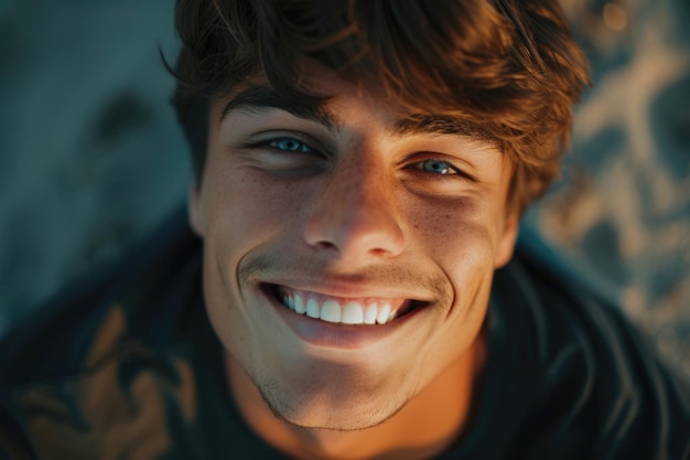 Uomo bello che sorride allegro con un grande sorriso sul viso che mostra i denti espressione positiva e felice