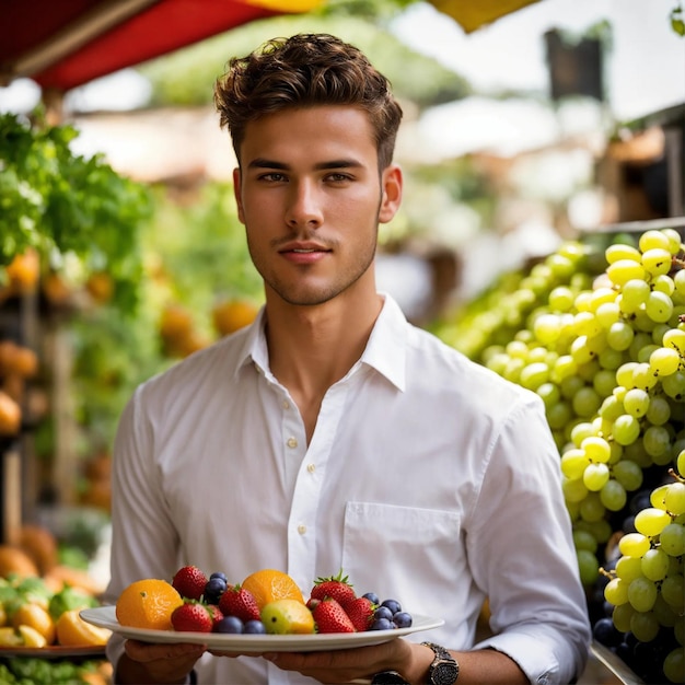 Uomo bello che tiene un piatto con della frutta sopra