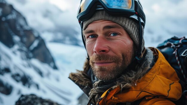 uomo bello con occhiali da sci abbigliamento da sci e casco da sci selfie