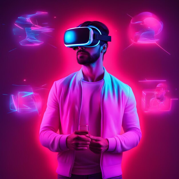Uomo bello con un vetro VR in un collage concettuale del metaverso