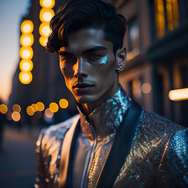Uomo bello con una giacca d'argento che posa per strada