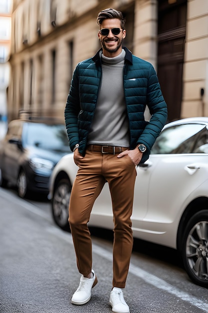 uomo bello con una giacca da inverno che posa per strada