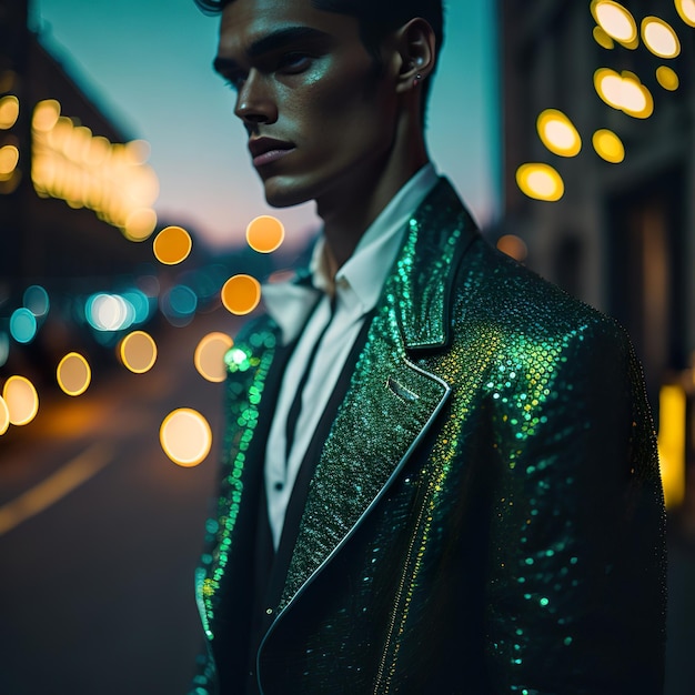 Uomo bello con una giacca verde che posa per strada