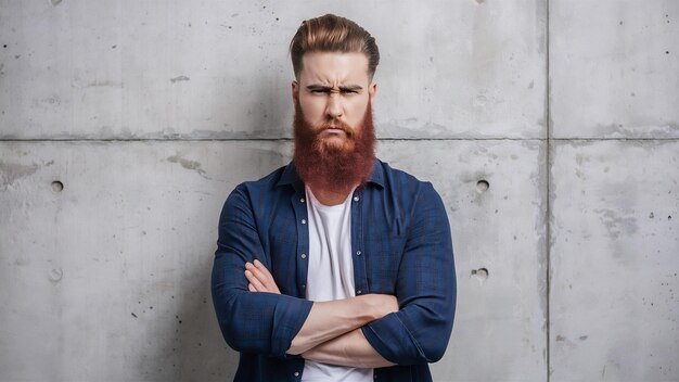 Uomo bello e alla moda con lunga barba rossa e acconciatura alla moda con un viso serio e scontento