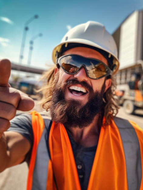 Uomo bello e muscoloso in casco di sicurezza e gilet sul lavoro