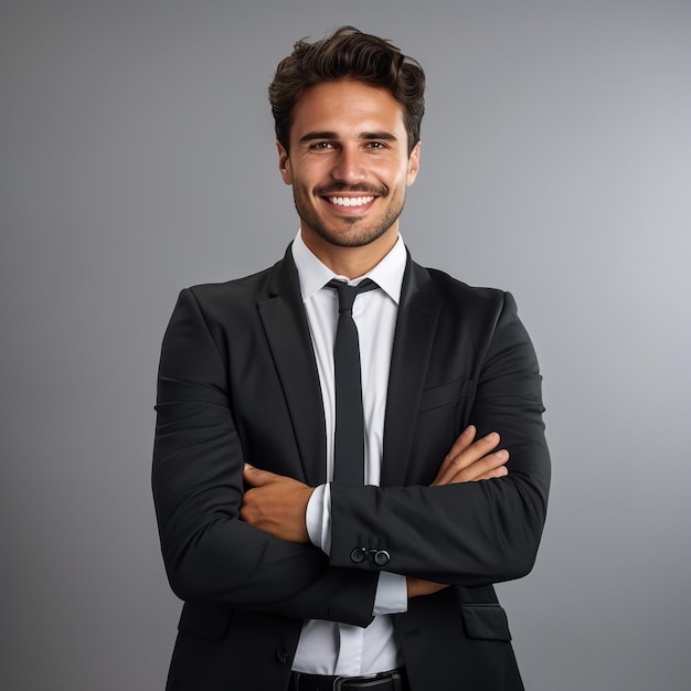 Uomo bello in abito elegante su sfondo bianco