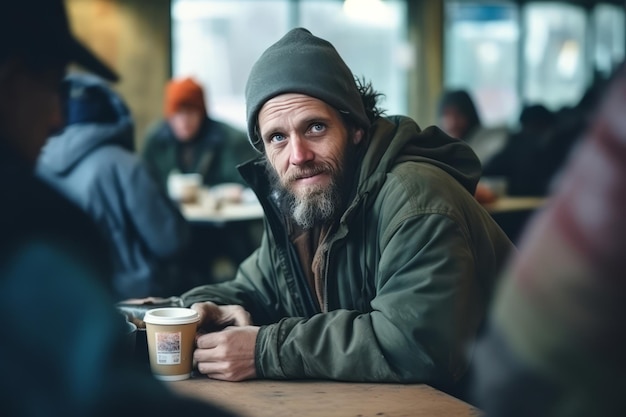 Uomo bianco barbuto senzatetto positivo seduto a un tavolo a una cena di beneficenza in un rifugio