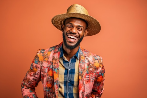 Uomo brasiliano allegro in cappello e camicia a quadri su sfondo arancione Ai generato