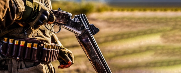 Uomo cacciatore Periodo di caccia Stagione autunnale Maschio con una pistola Un cacciatore con una pistola da caccia e una forma di caccia per cacciare in una foresta autunnale L'uomo è a caccia Cacciatore con uno zaino e una pistola da caccia