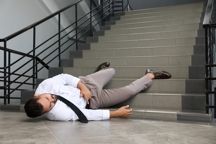 Foto uomo caduto dalle scale che soffre di dolore all'interno spazio per il testo
