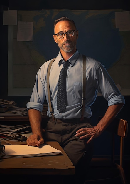 uomo camicia blu cravatta seduto scrivania vera geometria dagli occhiali dipinta astrologia sexy che rappresenta