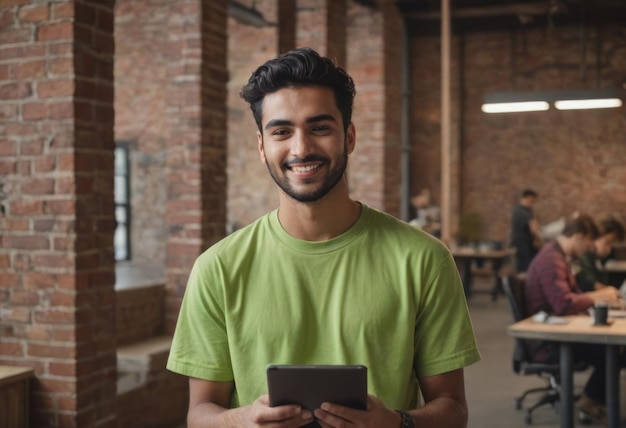 Uomo casuale con un tablet digitale in un ufficio di mattoni