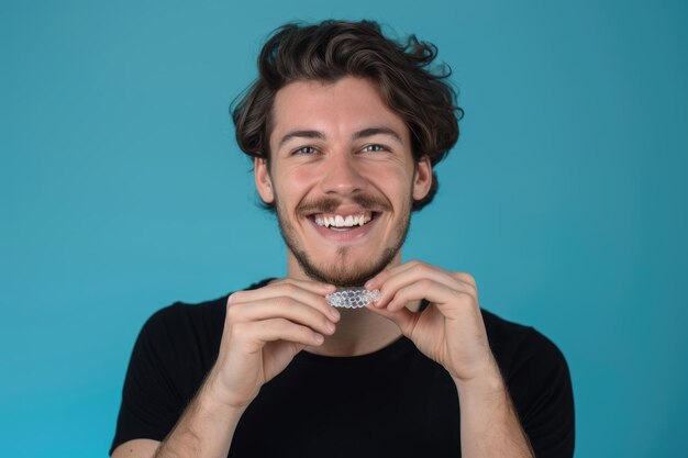 Uomo caucasico con allineatore invisibile per la fiducia dentale