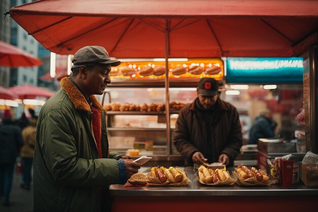 uomo che acquista due hot dog in un chiosco all'aperto vista da vicino del cibo di strada