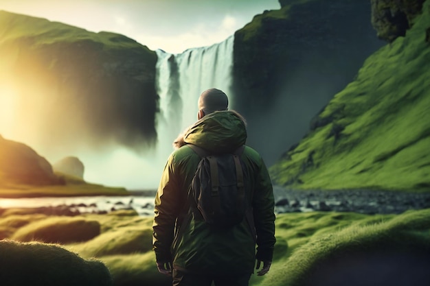 Uomo che ammira la maestosa cascata Skogafoss nel bellissimo paesaggio naturale islandese