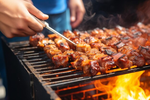 Uomo che arrostisce a mano la carne in una griglia da barbecue